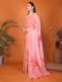 Vasthrlay Orange Leaf Print Organza Saree With Mustard Piping And Ruched Sleeveless Unstitched Blouse Piece
