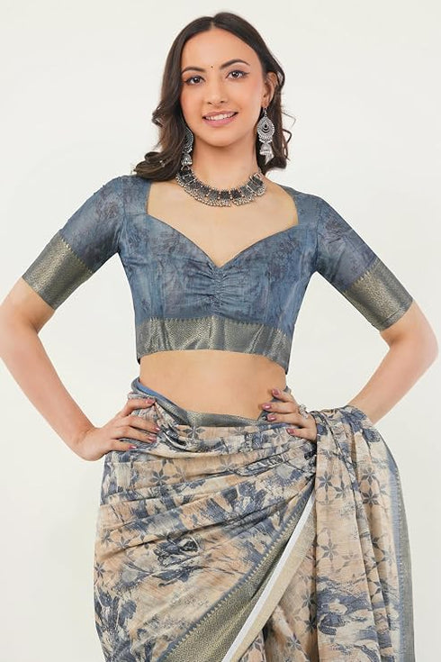 Vasthrlay Dusty Blue Beige Abstract Print Polyester Saree With Zari Border And Unstitched Blouse Piece