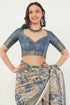 Vasthrlay Dusty Blue Beige Abstract Print Polyester Saree With Zari Border And Unstitched Blouse Piece