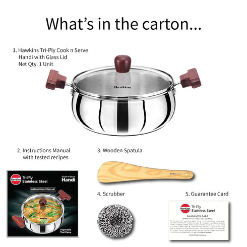 Hawkins 3 Litre Cook n Serve Handi| Triply Stainless Steel Handi