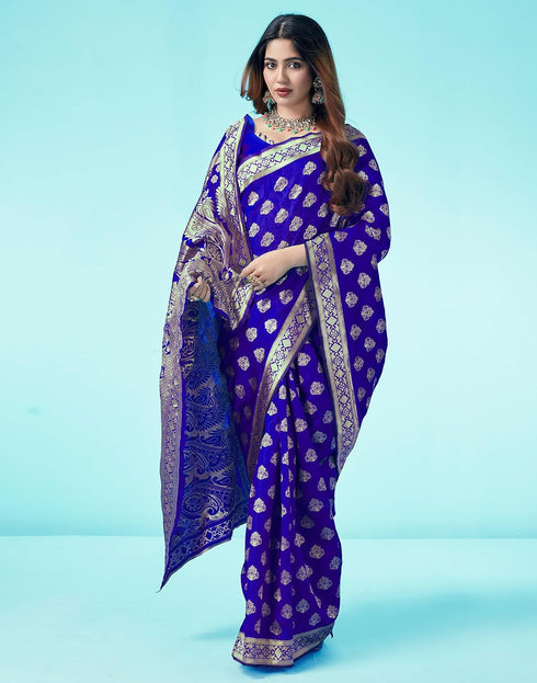 Vasthrlay Banarasi Jacquard Royal Blue | Golden Saree With Unstitched Blouse Piece