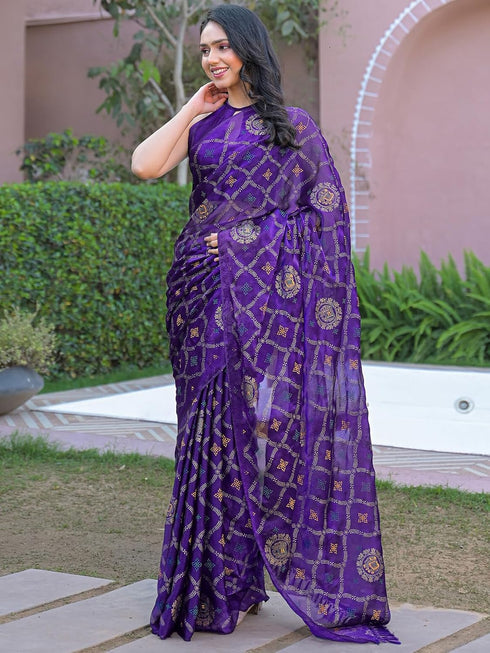 Vasthrlay Chiffon Printed Violet Saree With Unstitched Blouse Piece