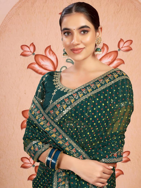 Vasthrlay Embroidery Bandhani Unstitched Rama Green Saree