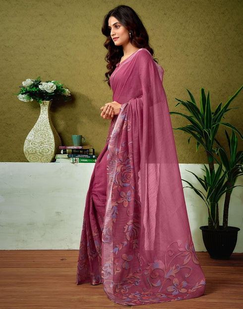 Vasthrlay Womens Cotton Printed Pink Saree With Pink Unstitched Blouse Piece