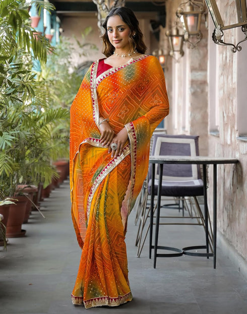 Vasthrlay Bandhani Embroidery Unstitched Yellow Saree
