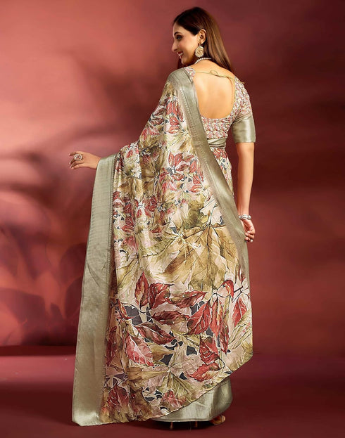 Vasthrlay Printed Jacquard Unstitched Rama Green Saree