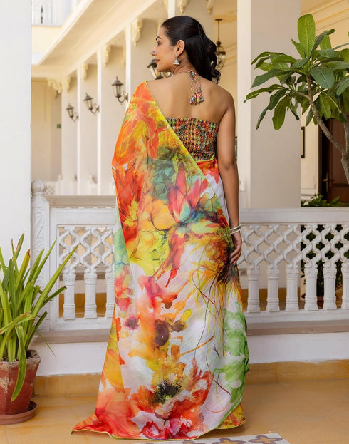 Vasthrlay Womens Printed Unstitched White Saree