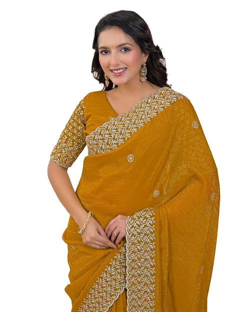 Vasthrlay Embroidery Scalloped Unstitched Maroon Saree