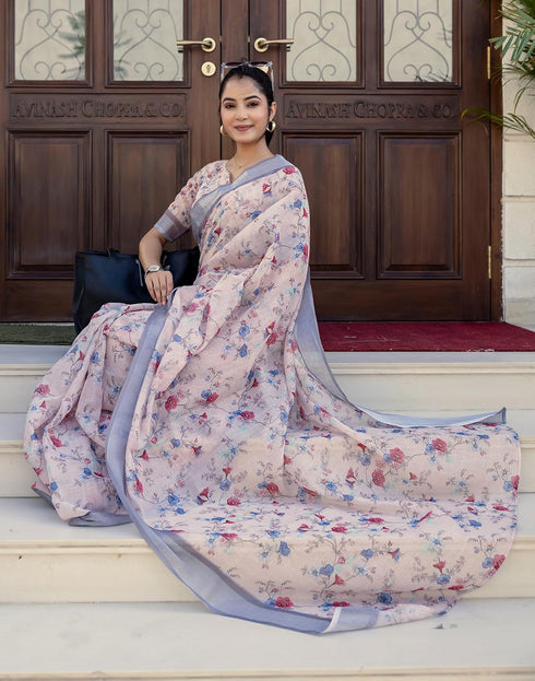 Vasthrlay Womens Printed Unstitched Cream Saree