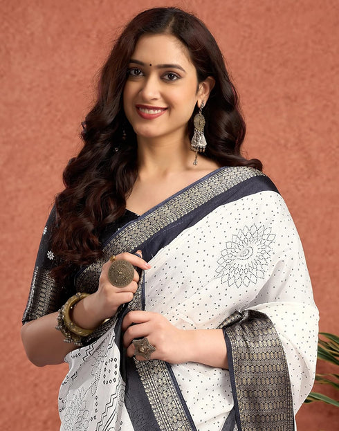 Vasthrlay Womens Printed Unstitched White Saree