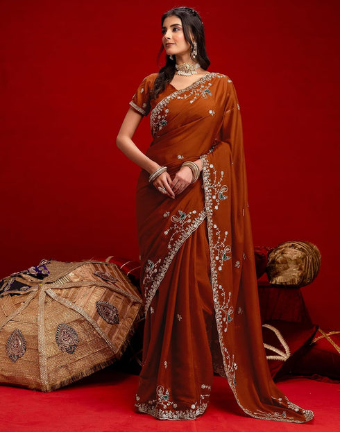 Vasthrlay Georgette Embroidery Rust Saree With Unstitched Blouse Piece