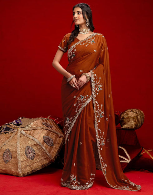 Vasthrlay Georgette Embroidery Unstitched Maroon Saree