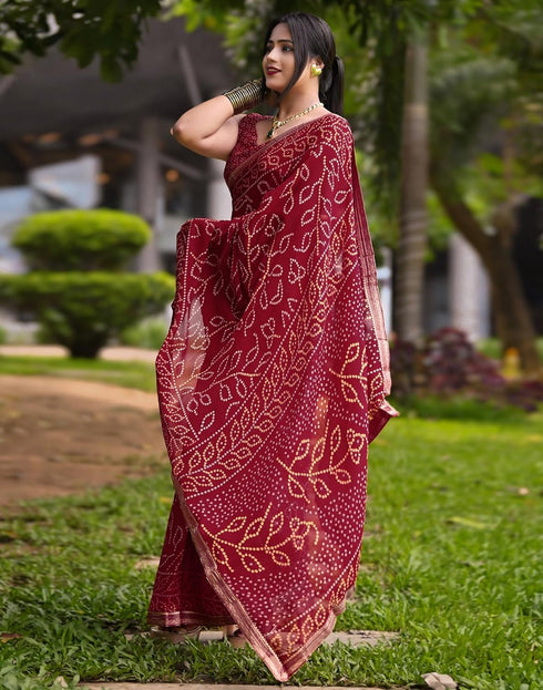 Vasthrlay Georgette Bandhani Unstitched Maroon Saree