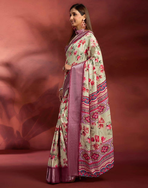 Vasthrlay Printed Jacquard Light Pista Green Saree With Unstitched Blouse Piece