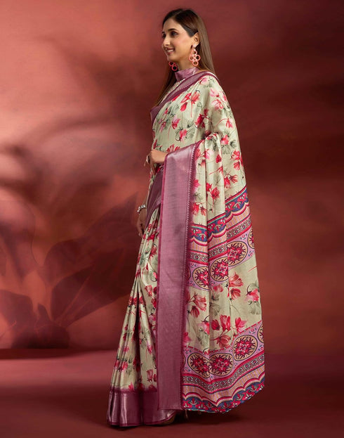Vasthrlay Printed Jacquard Unstitched Rama Green Saree