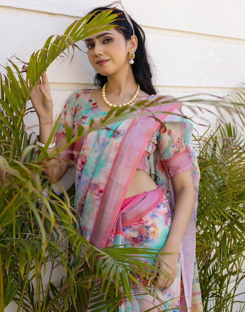 Vasthrlay Womens Cotton Unstitched Teal Saree