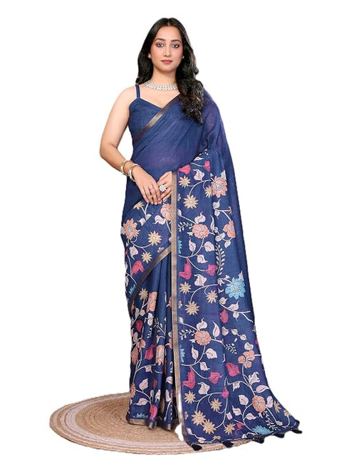 Vasthrlay Blue Kathakali Print Linen Saree With Gold Zari Border And Unstitched Blouse Piece