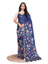 Vasthrlay Blue Womens Kathakali Print Linen Saree With Gold Zari Border And Unstitched Blouse Piece