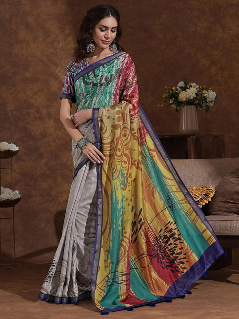 Vasthrlay Weaving Printed Dusty Beige Saree With Unstitched Blouse Piece