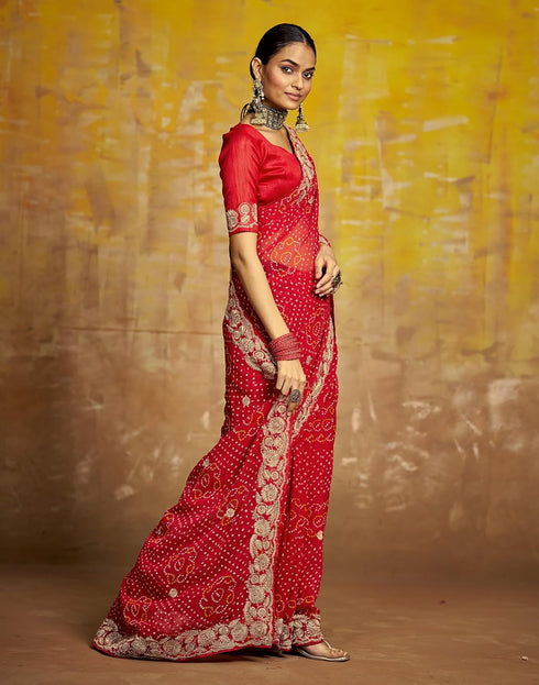 Vasthrlay Georgette Embroidery Unstitched Red Saree