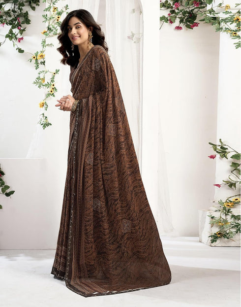 Vasthrlay Georgette Printed Brown Saree With Unstitched Blouse Piece