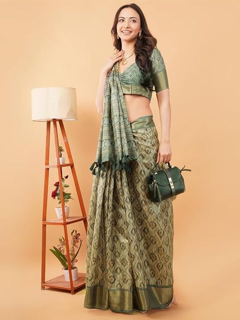 Vasthrlay Slate Grey Abstract Print Polyester Saree With Zari Border And Unstitched Blouse Piece