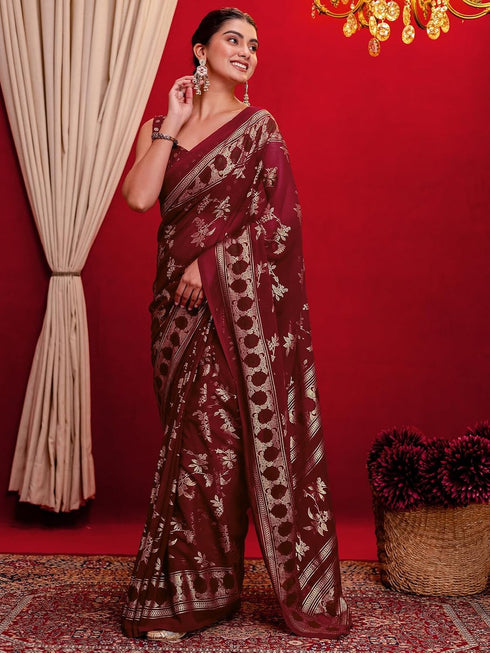 Vasthrlay Georgette Printed Maroon Saree With Unstitched Blouse Piece