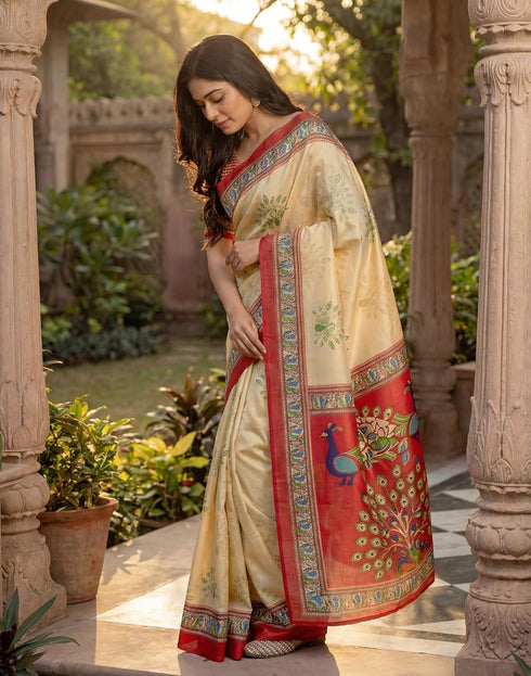 Vasthrlay Banglori Printed Unstitched Peach Saree