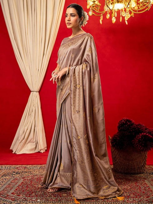 Vasthrlay Vichitra Printed Unstitched Maroon Saree