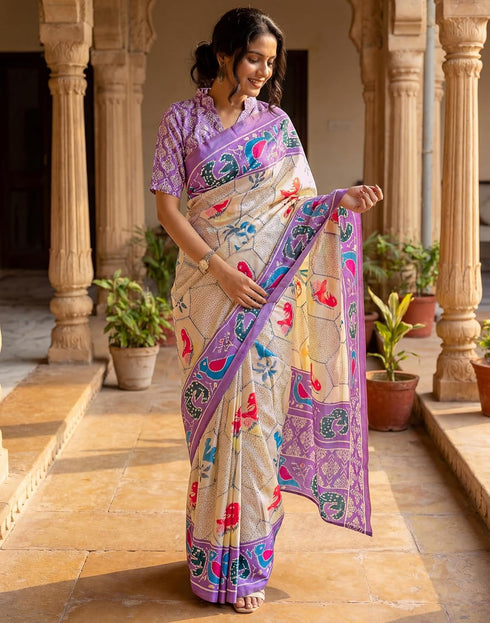 Vasthrlay Womens Printed Unstitched Navy Blue Saree