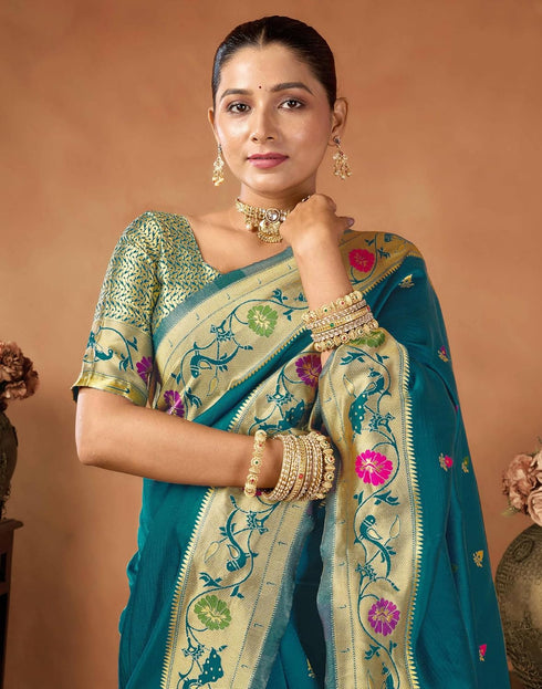 Vasthrlay Womens Paithani Unstitched Dark Green Saree