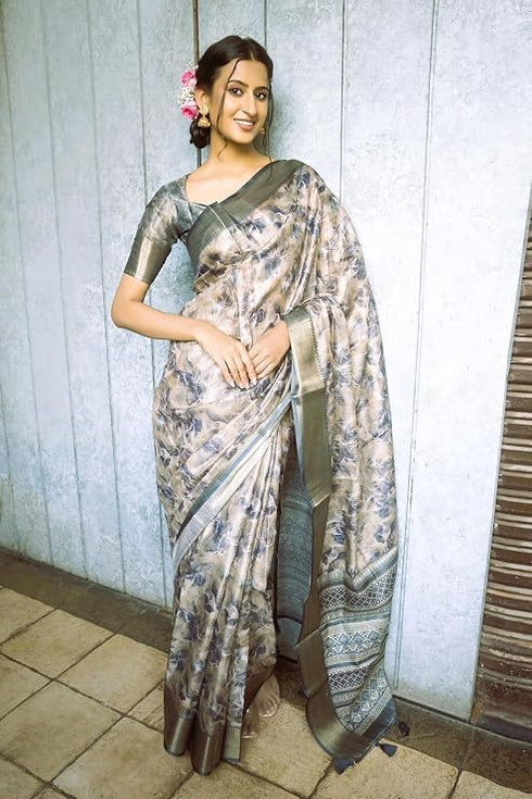 Vasthrlay Smoky Blue Abstract Floral Polyester Saree With Zari Border And Ruched Unstitched Blouse Piece