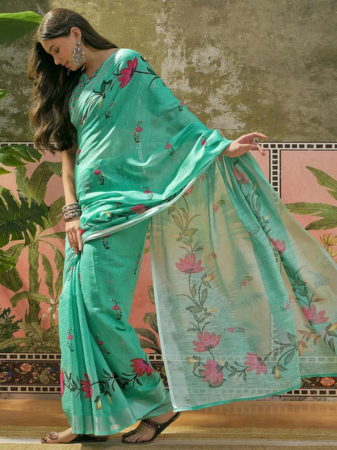 Vasthrlay Womens Printed Unstitched White Saree