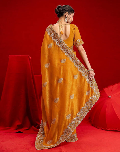 Vasthrlay Embroidery Scalloped Orange Saree With Unstitched Blouse Piece