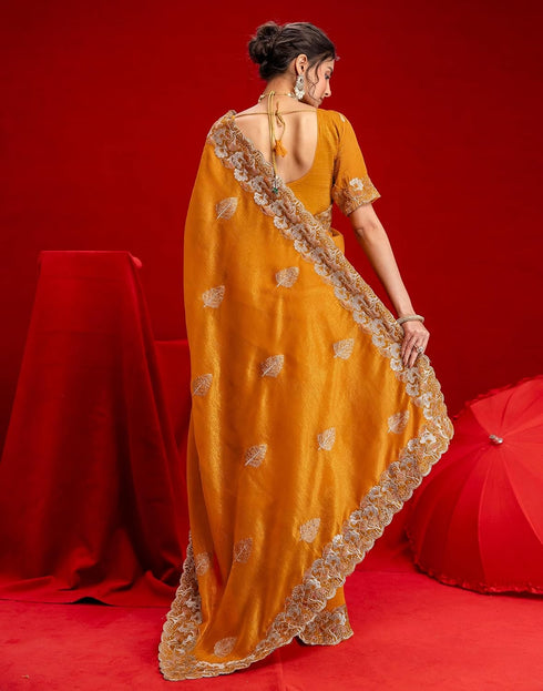 Vasthrlay Embroidery Scalloped Unstitched Maroon Saree