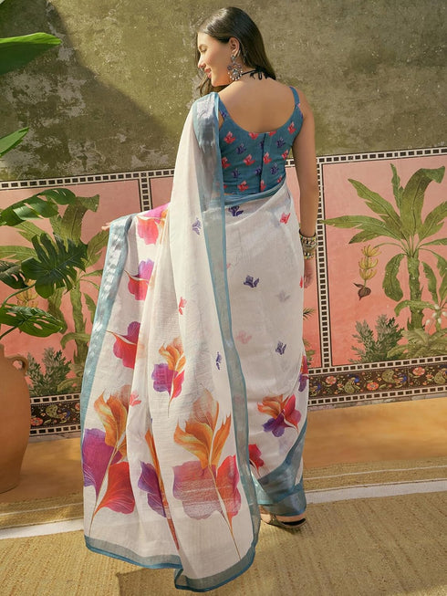 Vasthrlay Womens Printed Unstitched White Saree