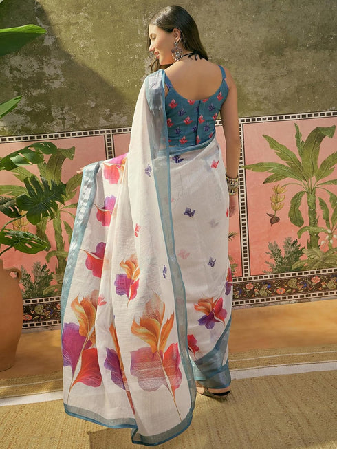Vasthrlay Womens Printed White And Blue Saree With Unstitched Blouse Piece