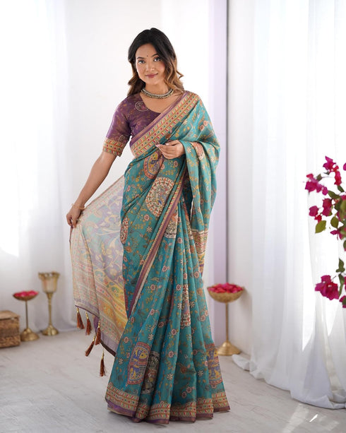 Vasthrlay Beige Blue Traditional Multicolour Saree