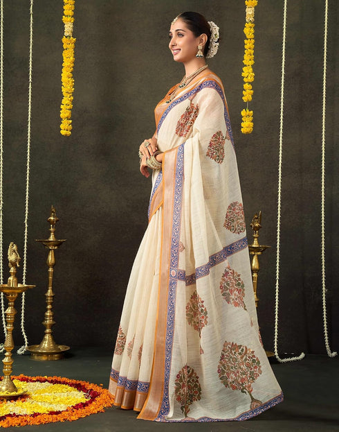 Vasthrlay Special Printed White Saree With Light Orange Unstitched Blouse Piece