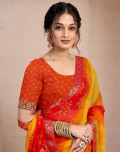 Vasthrlay Chiffon Bandhani Unstitched Yellow Saree