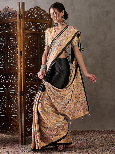 Vasthrlay Printed Tassels Cream Saree