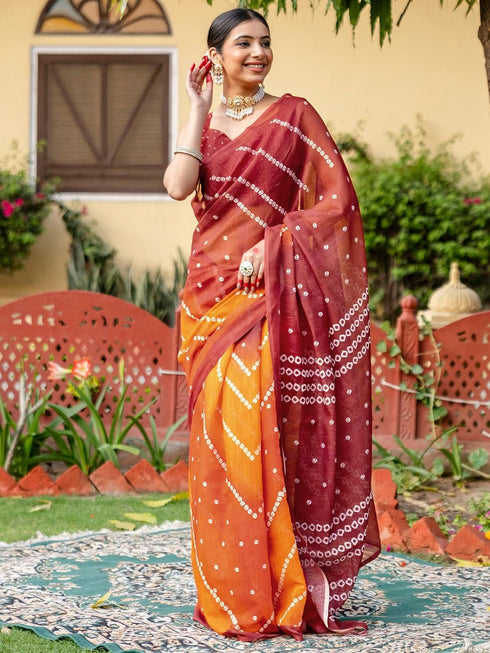 Vasthrlay Bandhani Printed Unstitched Peach Saree