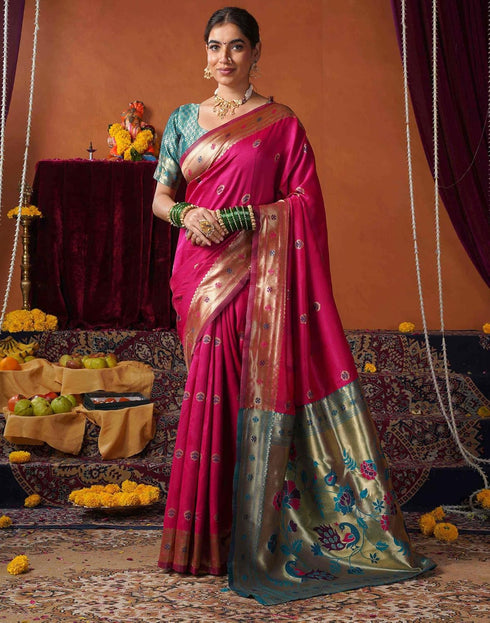 Vasthrlay Womens Paithani Unstitched Pink Saree