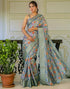 Vasthrlay Womens Striped Dusty Teal Green Saree With Unstitched Blouse Piece