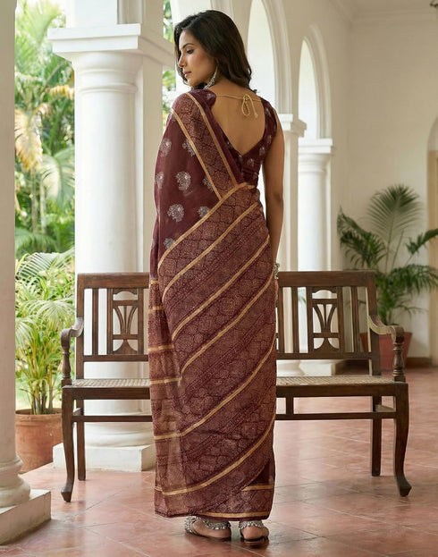 Vasthrlay Chanderi Printed Unstitched Beige Saree