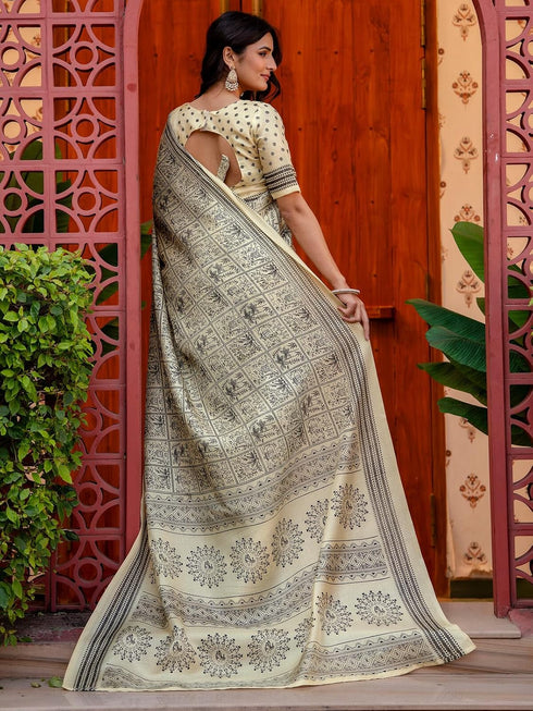 Vasthrlay Womens Printed Unstitched White Saree