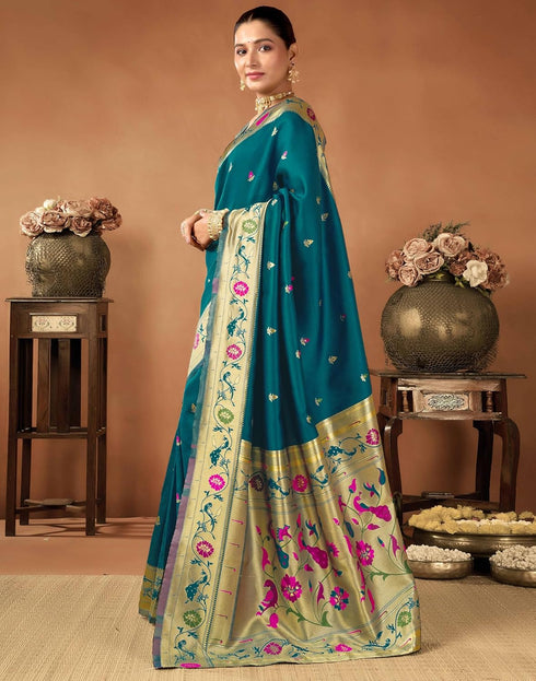 Vasthrlay Womens Paithani Unstitched Dark Green Saree