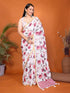 Vasthrlay White Linen Floral | Striped | Check Design Printed Saree With Solid Unstitched Linen Blouse Piece