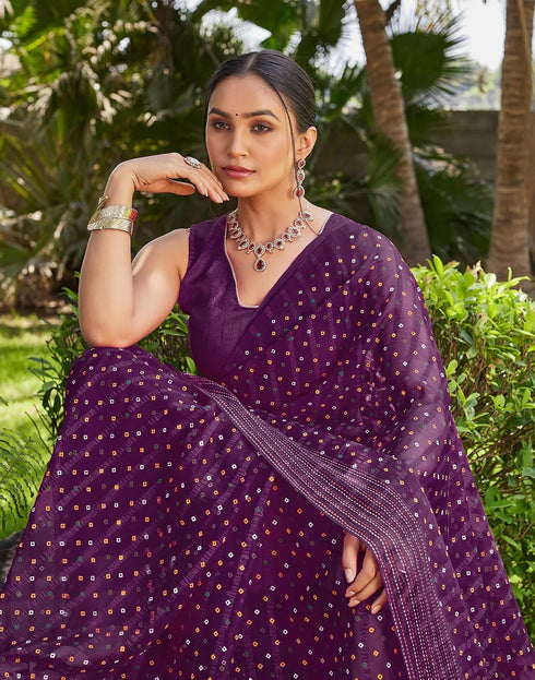 Vasthrlay Bandhani Printed Dark Purple Saree With Unstitched Blouse Piece