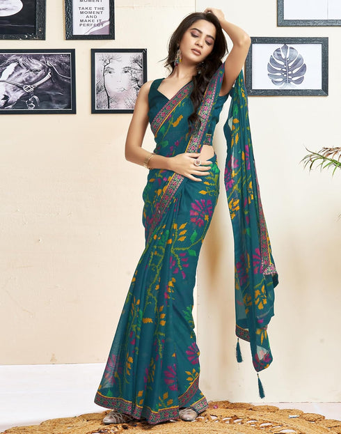 Vasthrlay Chiffon Tassels Unstitched Dark Green Saree